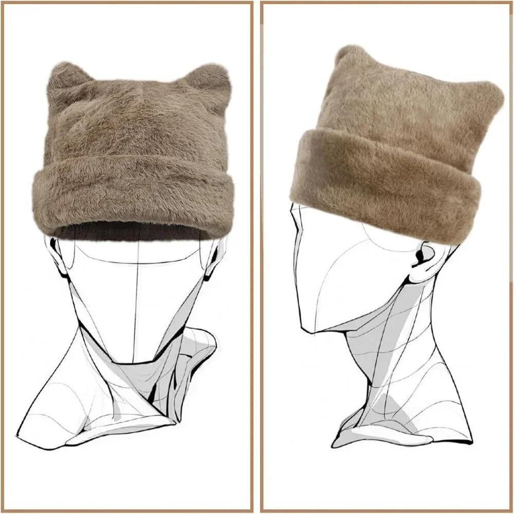 Womens Light Khaki Winter Beanie Hat Cute Cat/Bear Ear Hat with Internal Support
